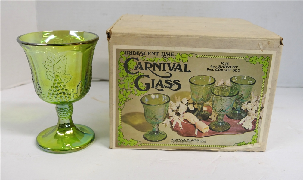 Indiana Glass Iridescent Lime Carnival Glass Harvest Goblet Set - In Original Box