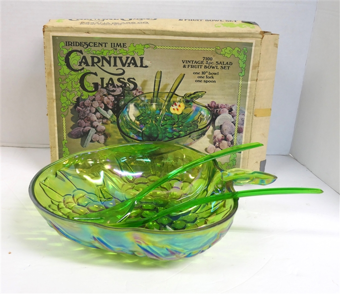 Indiana Glass Iridescent Lime Green Carnival Glass Vintage 3 Piece Salad & Fruit Bowl Set - 10" Bowl Fork and Spoon in Original Box 