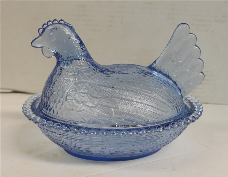 Light Blue Glass Hen on Nest - Measuring 5 1/2" tall 7" Beak to Tail 