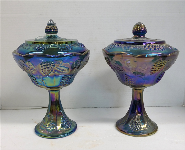 2 - Indiana Glass Blue Carnival Harvest Wedding Bowls with Lids - Each Bowl Measures 10 1/2" Tall 