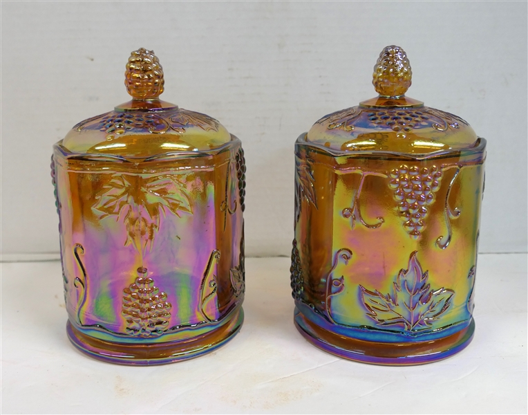 2 Indiana Glass Amber Carnival Harvest Canisters Each Measures 7 1/2" Tall 