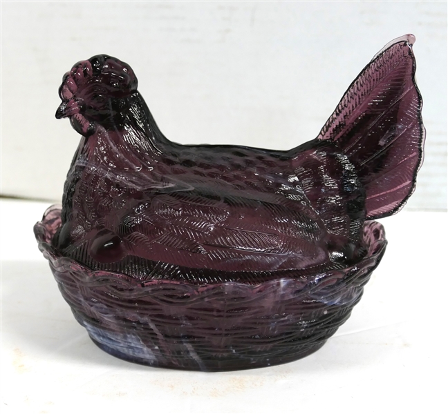 Unusual Amethyst / White Agate Glass Hen on Nest - Measures 5 1/4" Tall 6 1/2" Beak to Tail 