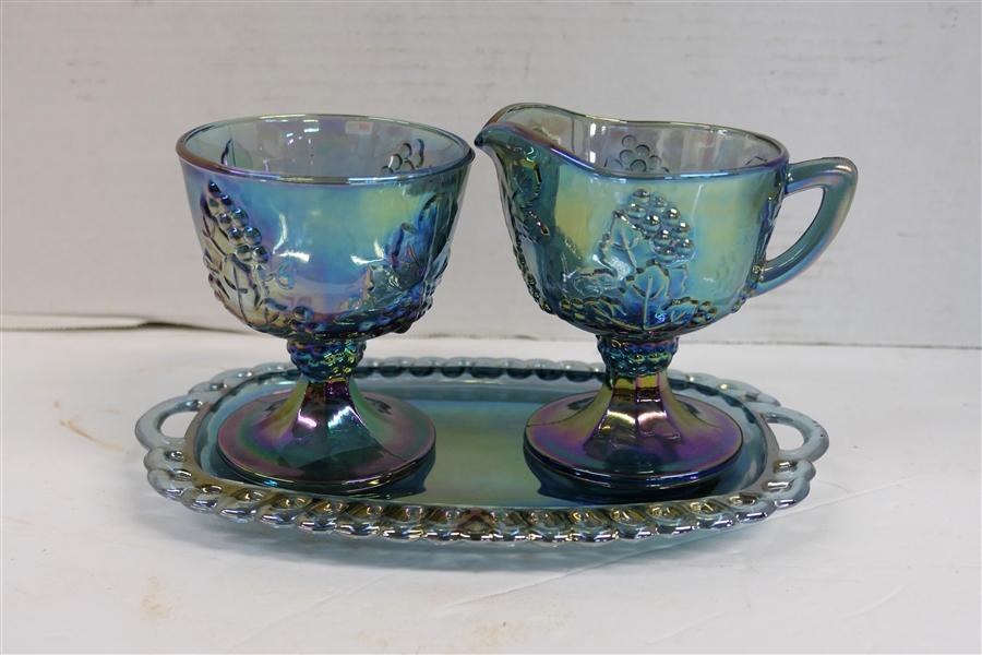 Indiana Glass Blue Carnival Harvest Cream and Sugar Set with Underplate