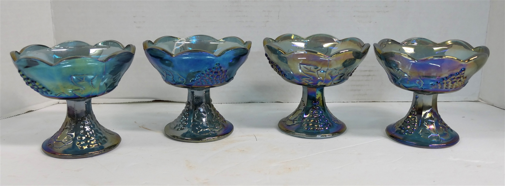 4 Indiana Glass Blue Carnival Harvest Candle Sticks - Each Measures 4" Tall 