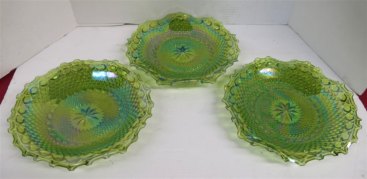 3 - Lime Green Carnival Glass Diamond Point Fluted Edge Plates - Each Measures 10" Across