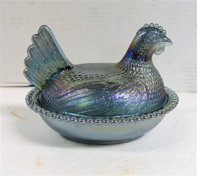 Blue Carnival Glass Hen on Nest - Measuring 5 1/2" Tall 7" Beak to Tail 