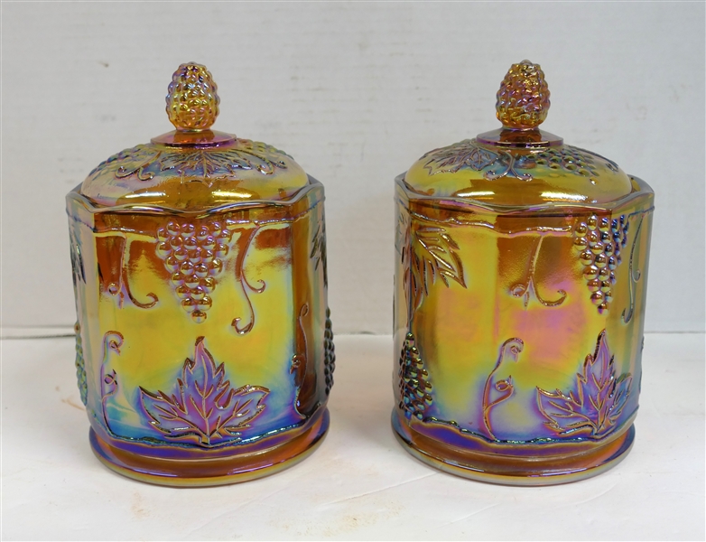 2 Indiana Glass Amber Carnival Harvest Canisters Each Measures 7 1/2" Tall 