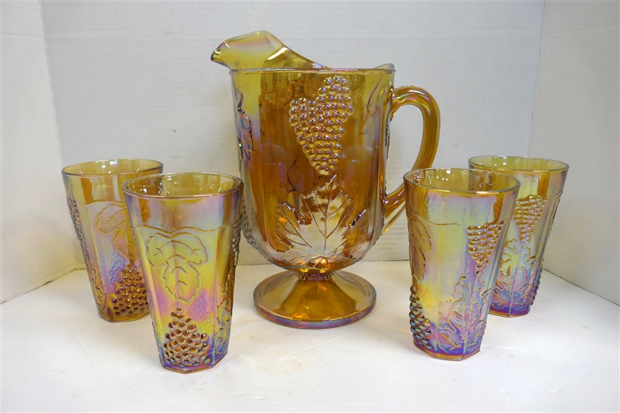 Indiana Glass Amber Carnival Harvest Pitcher and 4 Cooler Glasses - Pitcher Measures 10 1/2" Tall Glasses Measure 6" Tall 