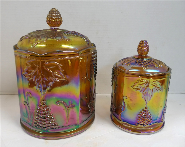 2 Indiana Glass Amber Carnival Harvest Canisters Largest Measures 9 1/2" Tall Smaller 7 1/2"