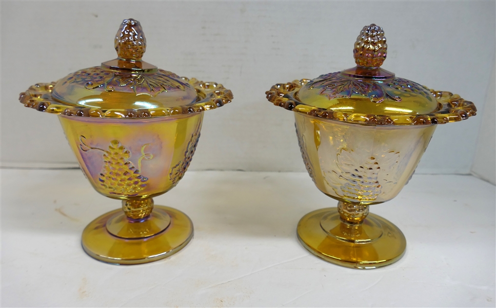 2 Indiana Glass Amber Carnival Harvest Candy Dishes with Lids - Each Measures 7" Tall 