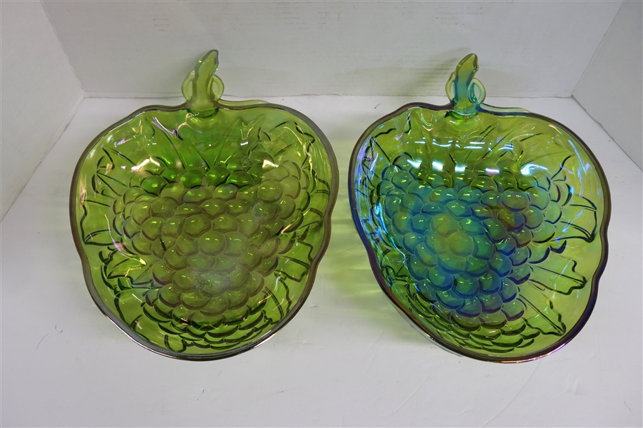 2 Green Carnival Glass Berry Shaped Fruit Bowls Measuring 13" by 9" at Widest Points