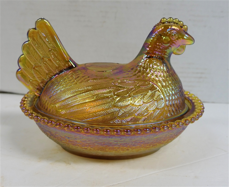 Amber Carnival Glass Hen on Nest - Measuring 5 1/2" Tall 7" Beak to Tail 