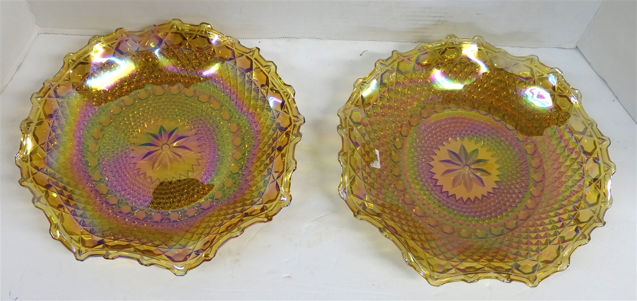 2 Amber Carnival Glass Diamond Point Plates - Measuring 10" Across