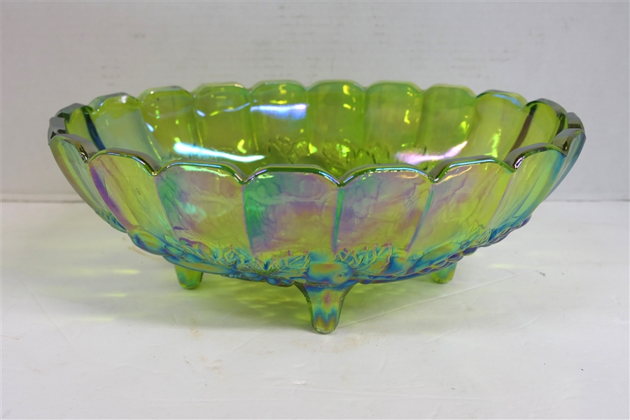 Indiana Glass Lime Green Carnival Fruit Centerpiece Bowl Measuring 4 1/2" tall 12" by 9" 