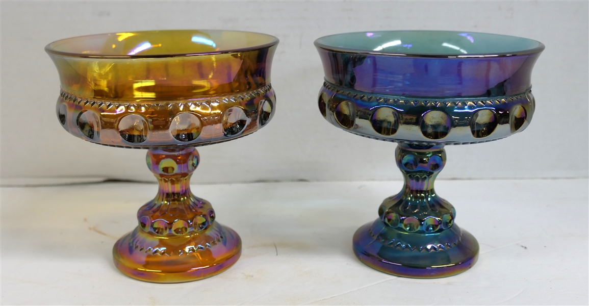 2 Carnival Glass Kings Crown Compotes - Blue Carnival and Amber Carnival - Each Measures 5 1/4" by 5" 