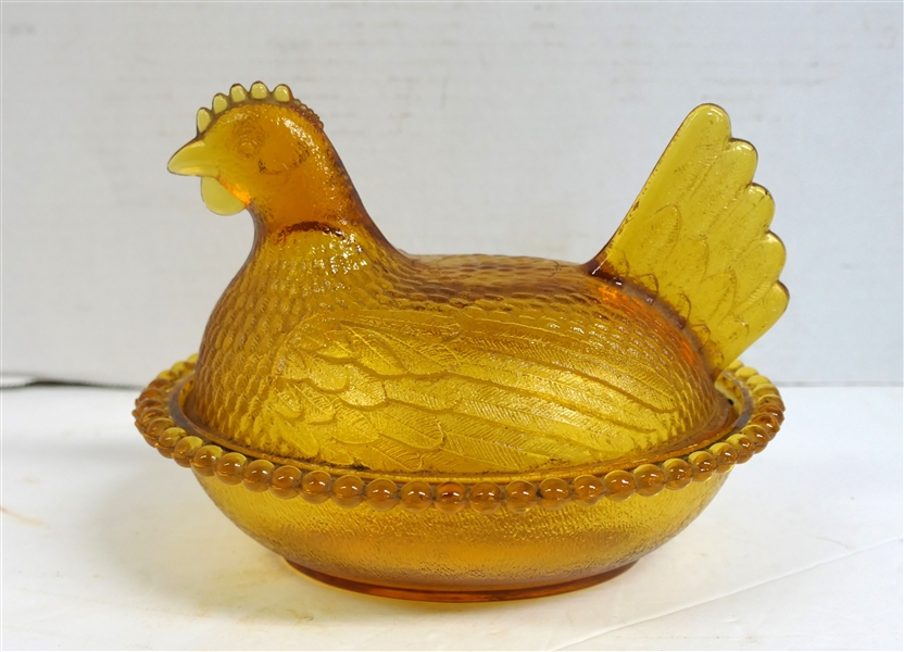 Amber Glass Hen on Nest - Measuring 5 1/2" Tall 7" Beak to Tail 