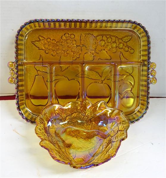 Amber Carnival Glass Divided Fruit Platter and Amber Carnival Glass Leaf Bowl - Bowl Measures 7 1/2" Across