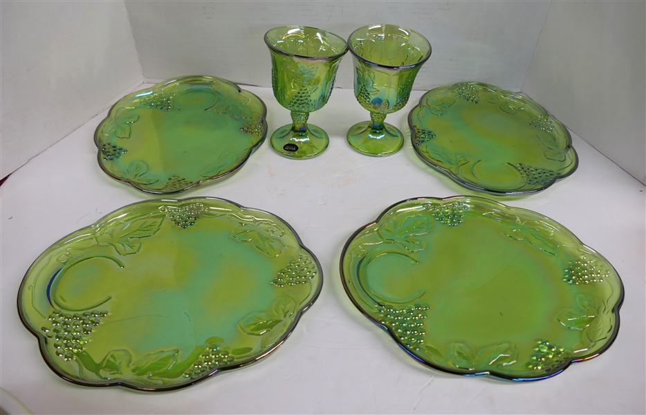 6 Pieces of Lime Green Carnival Glass - 2 Lenox 5" Goblets and 5 Snack Plates