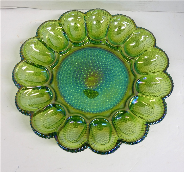 Lime Green Carnival Glass Egg Plate - Measuring 11 1/4" Across