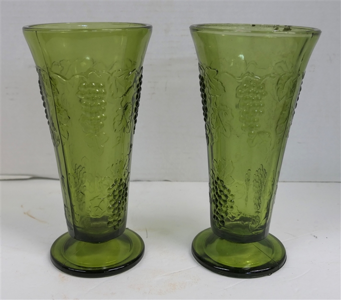 Pair of Olive Green Harvest Grape Footed Vases Measuring 7 3/4" Tall 