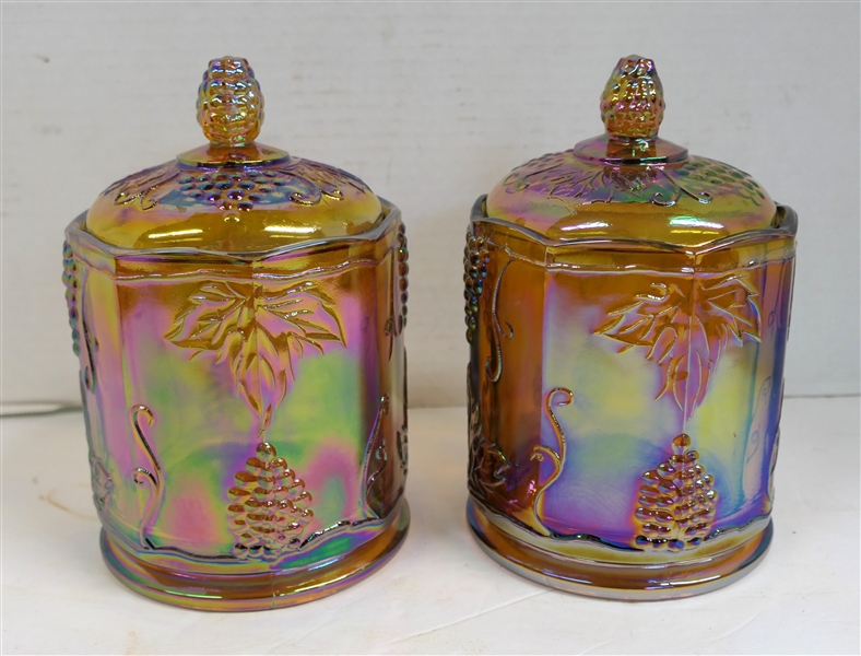 Pair of Indiana Glass Amber Carnival Canisters - Each Measures 7 1/2" Tall 