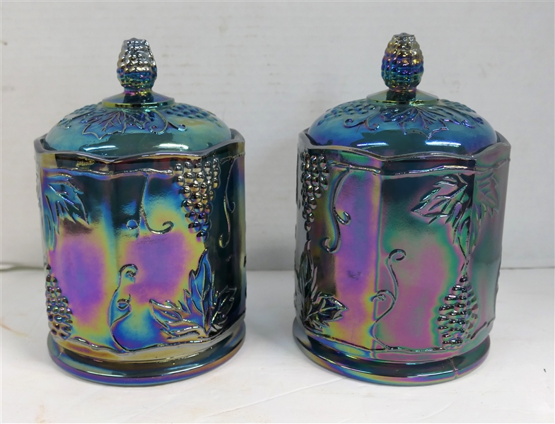 Pair of Indiana Glass Blue Carnival Canisters - Each Measures 7 1/2" Tall 