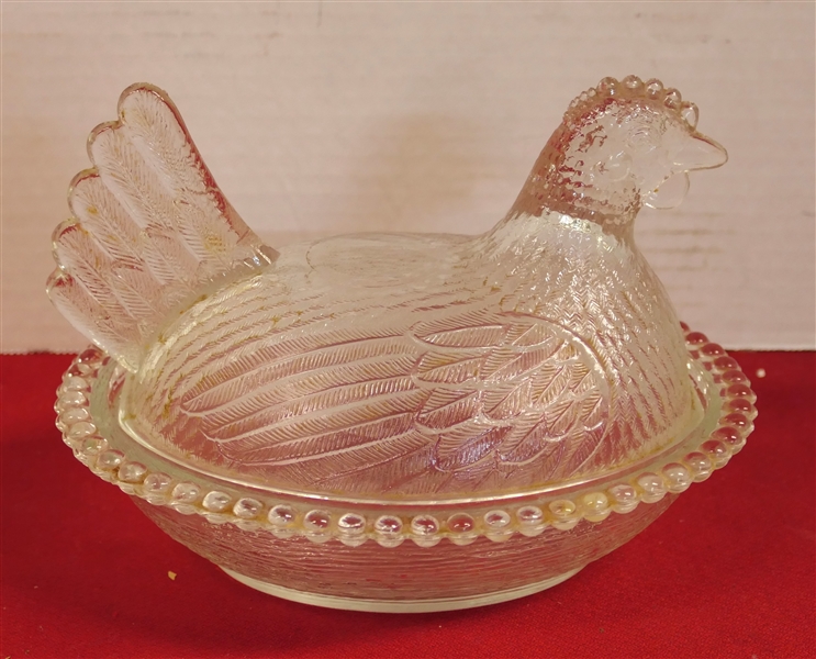 Clear Glass Hen on Nest Measuring 5 1/2" tall 7" Beak to Tail 