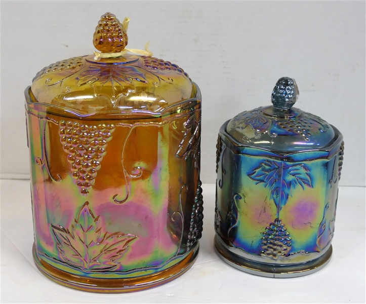 2 Indiana Carnival Glass Harvest Cannisters - Amber Carnival Measuring 9 1/2" and Blue Carnival Measuring 7 1/2" 