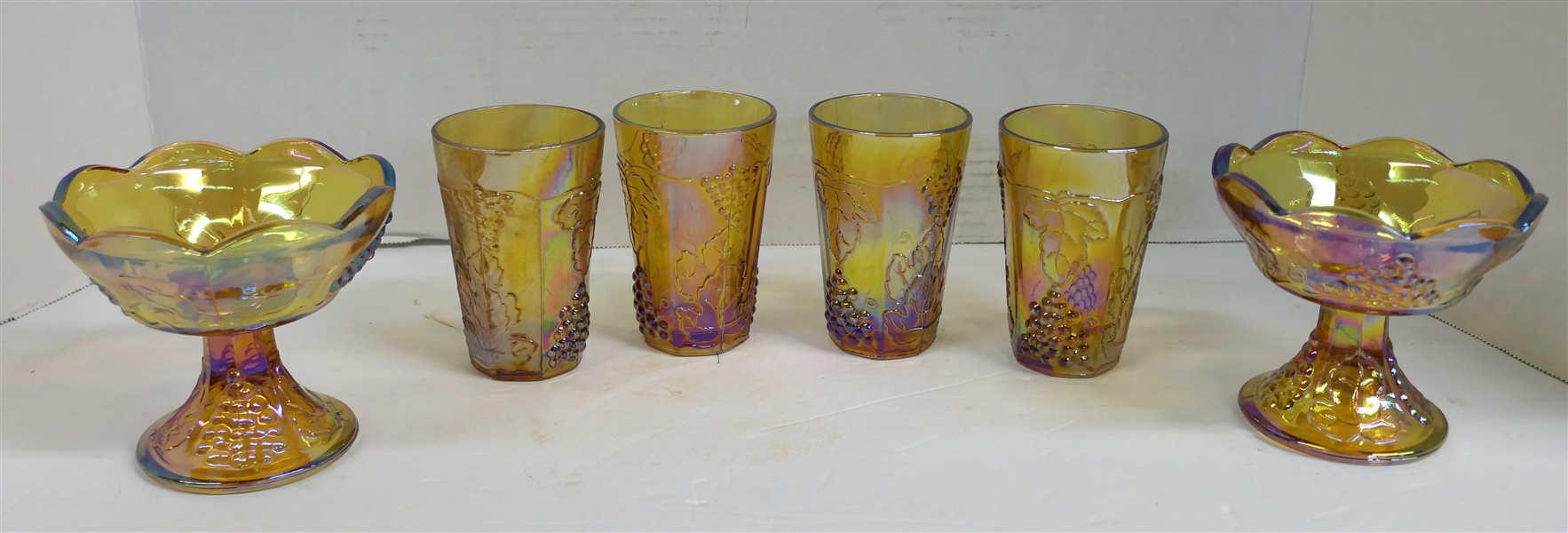 Indiana Glass Harvest Amber Carnival Lot Including - 4 Juice Glasses and Pair of 4" Candle Sticks 