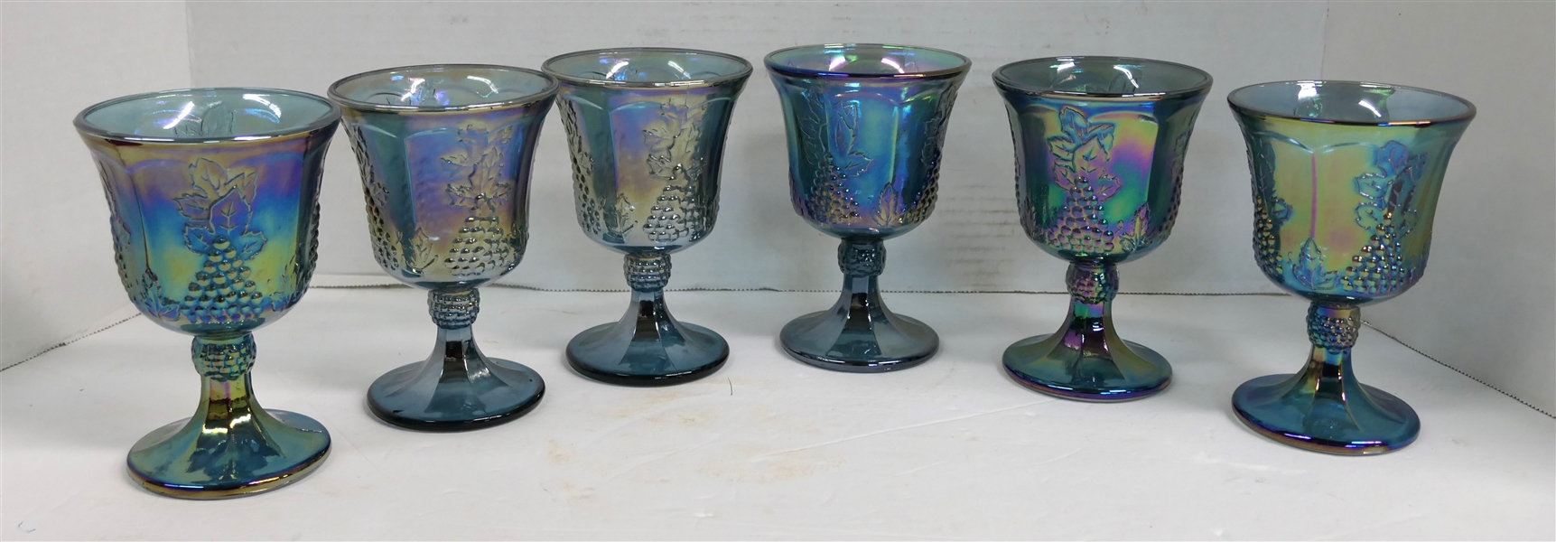 6 Indiana Glass Blue Carnival Harvest Footed Goblets Measuring 5 1/2" Tall 