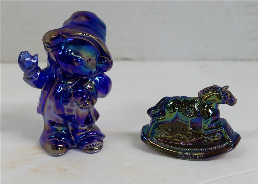 Boyd Carnival Glass Clown Figure and Blue Carnival Glass "Rocky Jr" Figure Dated 1983 - Clown Measures 2 1/2" tall 