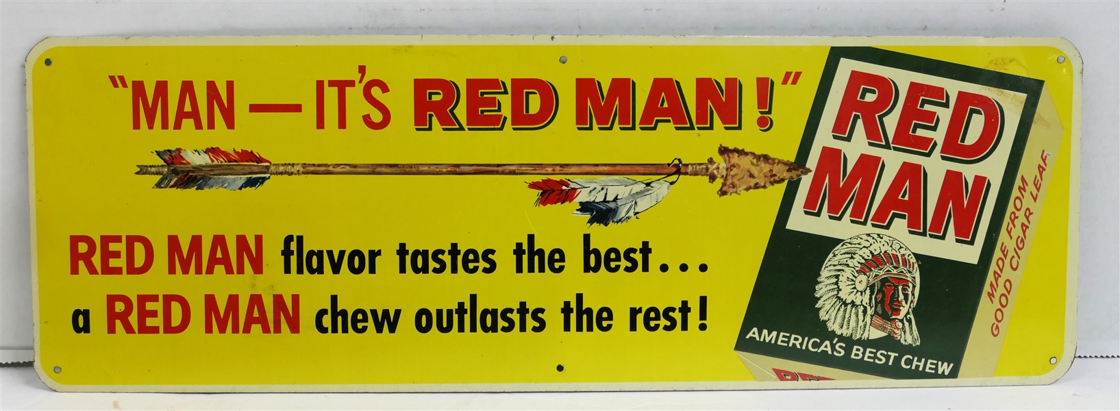 Metal "Man - Its Red Man!" Red Man Chewing Tobacco Sign - Measuring 5" by 14 3/4" 