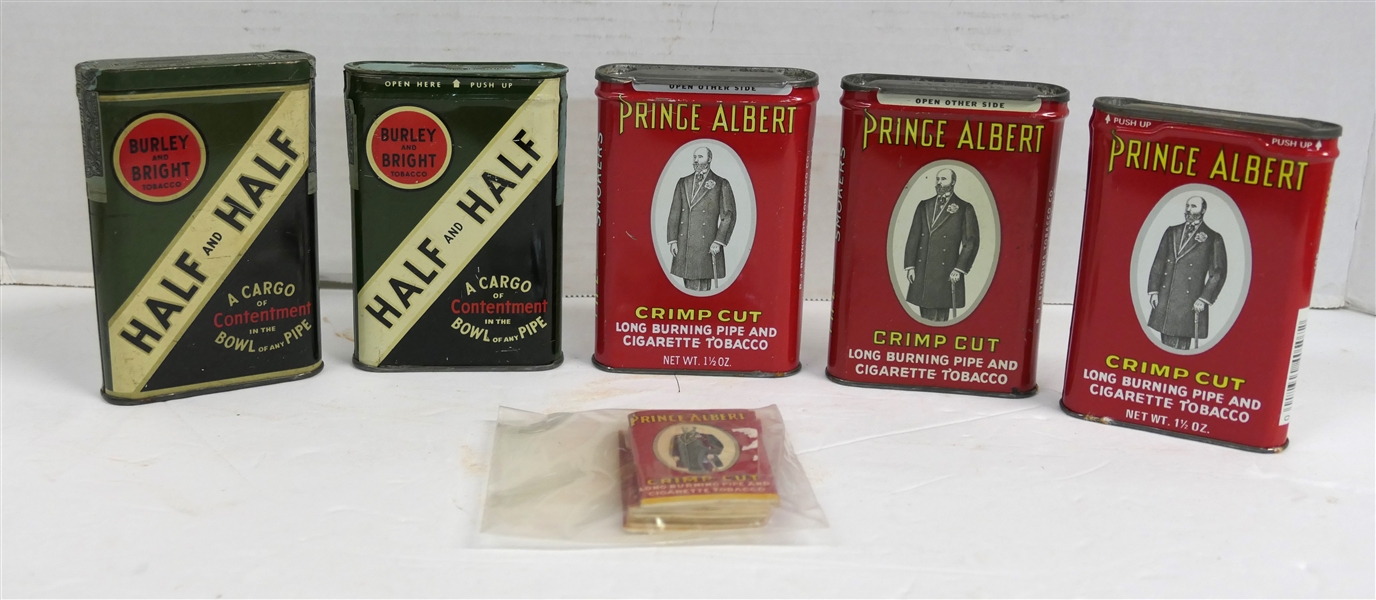 Tobacco Lot Including 5 Tobacco Tins - Prince Albert and Half and Half, and 8 Packs of Prince Albert Rolling Papers 