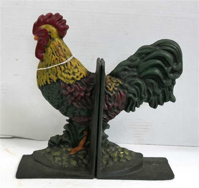 Pair of Cast Iron Rooster Bookends - Roosters Head Measures 10 1/2" Tall 