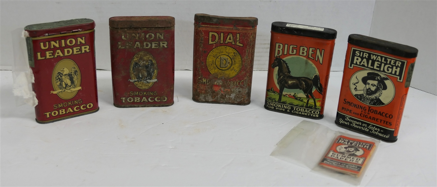 Tobacco Lot including Sir Walter Raleigh Tin, Big Ben Tin, 2 - Union Leader Tins, Dial Tin, Sir Walter Raleigh Papers, and Union Leader Papers