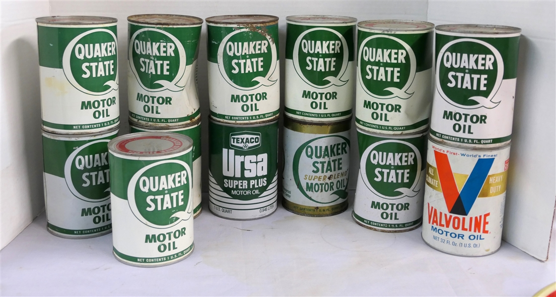 13 Quart Oil Cans - Quaker State, Texaco URSA Super Plus, and Valvoline - All Full Cans 