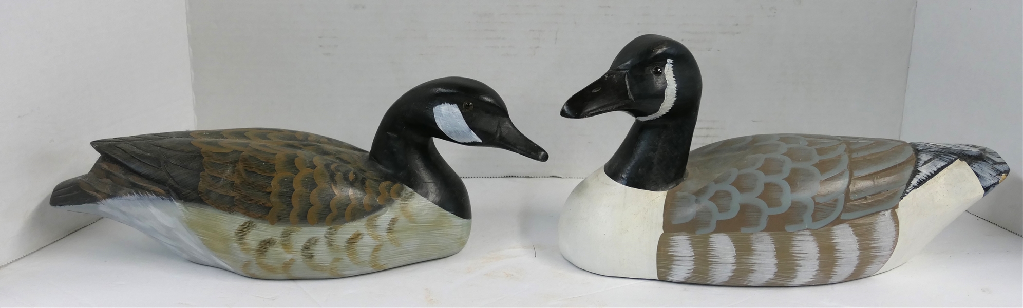 Pair of Hand Carved and Hand Painted Wood Ducks with Glass Eyes - Largest Measures 6 1/2" Tall 12" Beak to Tail 