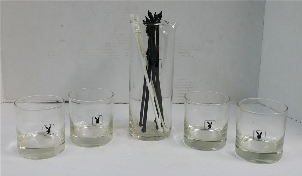 Playboy Cocktail Set - Cocktail Pitcher, Rabbit Stirrers, and 4 Tumblers - Pitcher Measures 8" Tall 