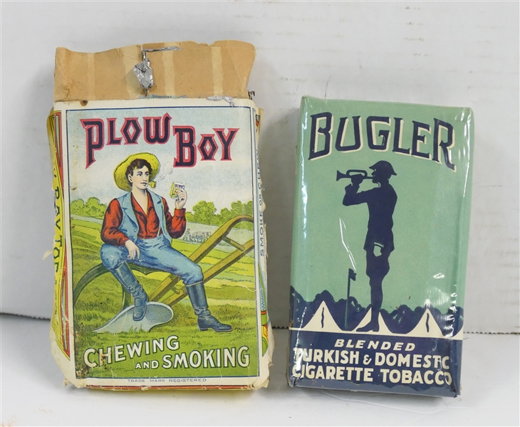 2 Paper Tobacco Packs - Plow Boy Chewing and Smoking Tobacco Pouch - Empty and Bugler Turkish & Domestic Cigarette Tobacco Full Unopened Pack 