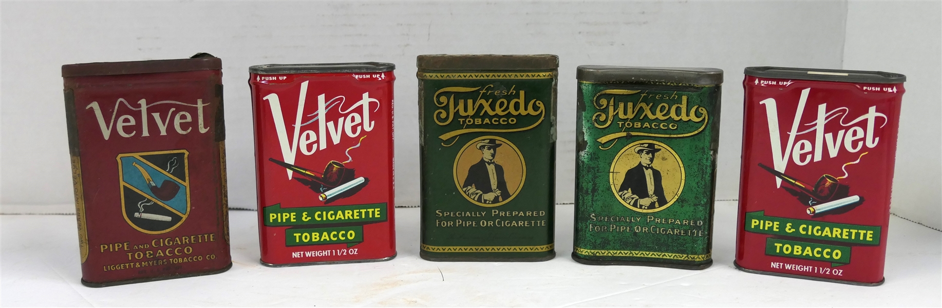 5 Tobacco Tins - 2 Variations of Velvet and 2 Tuxedo Tobacco Tins