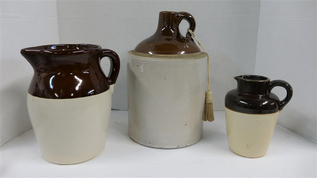 3 Pieces of Brown and White Pottery - Jug and 2 Pitchers - Jug Measures 12" 