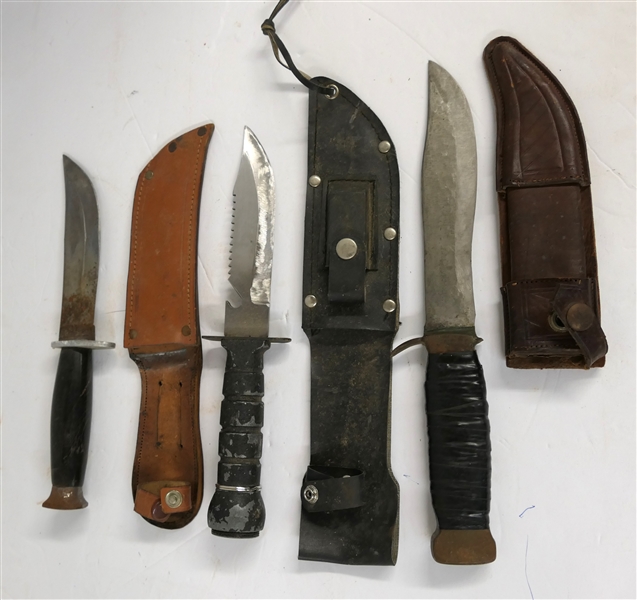 3 Hunting Knives with Leather Sheaths - Longest Measures 12" 