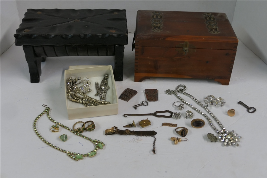 2 Jewelry Boxes - 1 Cedar and Costume Jewelry, Hair Pins, Pins, Rhinestone Pins, and Hair Clips