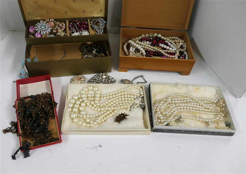 Lot of Costume Jewelry including Beaded Necklaces, Rhinestone Brooches, and Pearls 