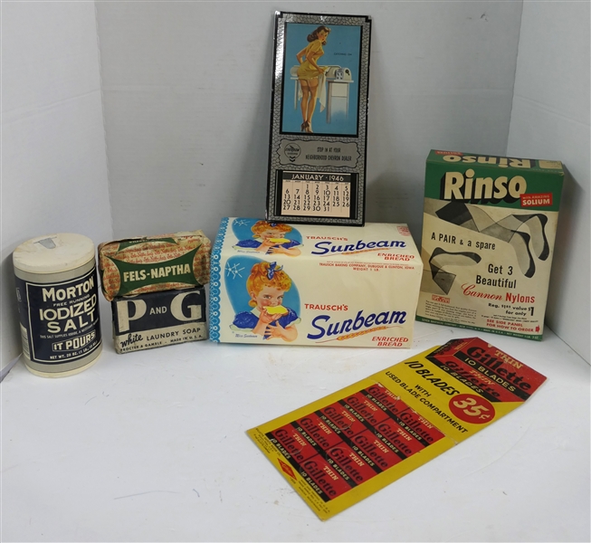 Pantry Lot including Mortons Salt, Fels Naphtha Soap, P and G Soap, Rinso, Gilette Blades Display, 1946 Calendar, and Sunbeam Bread -Stuffed with Foam 