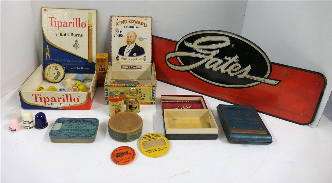 Advertising Lot including Gates Embossed Metal  Sign, Cigar Boxes, Promotional Thimbles, and Miniature Powders, Threshers Association Button, and Other Tins - Gates Sign Measures 6 1/2" by 17 3/4"