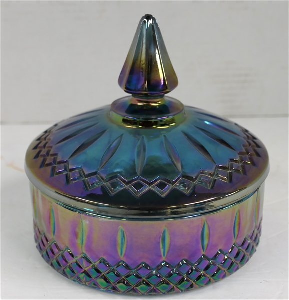 Blue Carnival Glass Candy Dish With Lid - Measures 6" To Top of Finial 6" Across