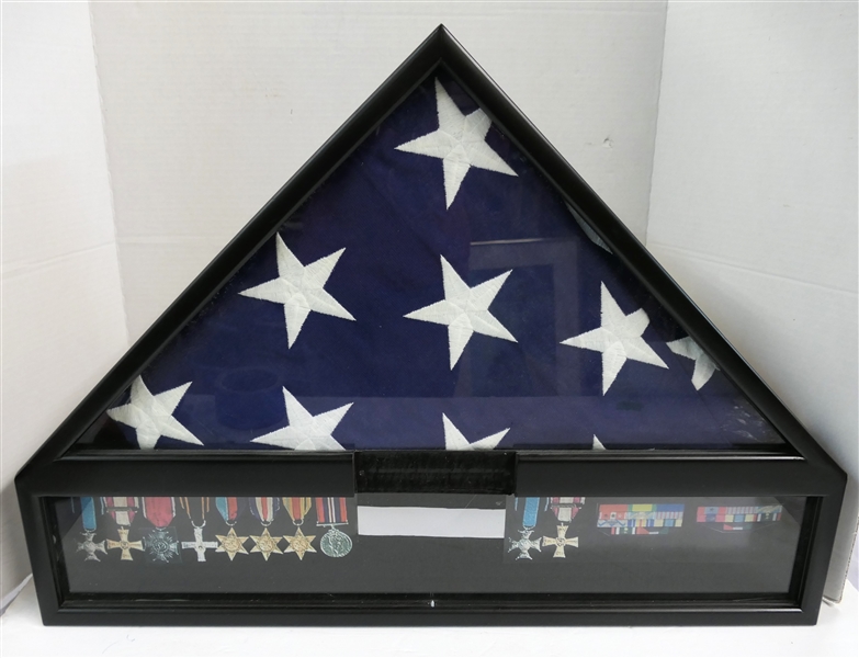 American Flag Display Case - Flag is Real - Medals are a Photo Example - Case Measures 18" tall 25 1/2" Across