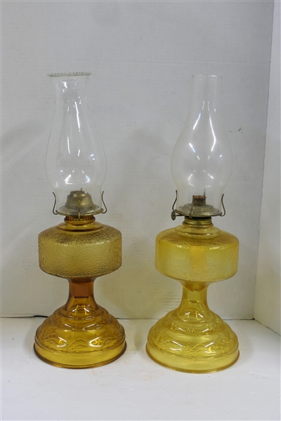 2 Yellow / Amber Glass Oil Lamps with Glass Chimneys 