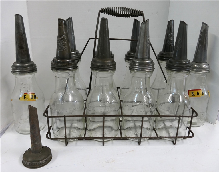 Metal Oil Bottle Carrier, 10 Class Oil Bottles, and 1 Extra Metal Spout 